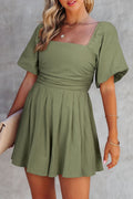 Jungle Green Square Neck Ruched Puff Sleeve Romper