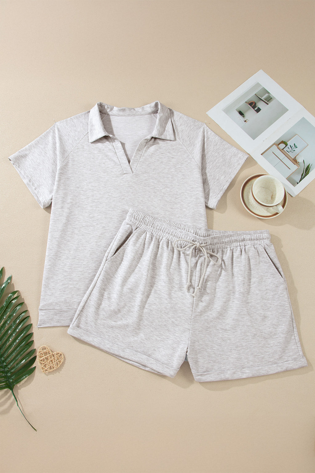 Light Grey Plus Size Solid V-Neck Short Sleeve Elastic Waist Two-Piece Set