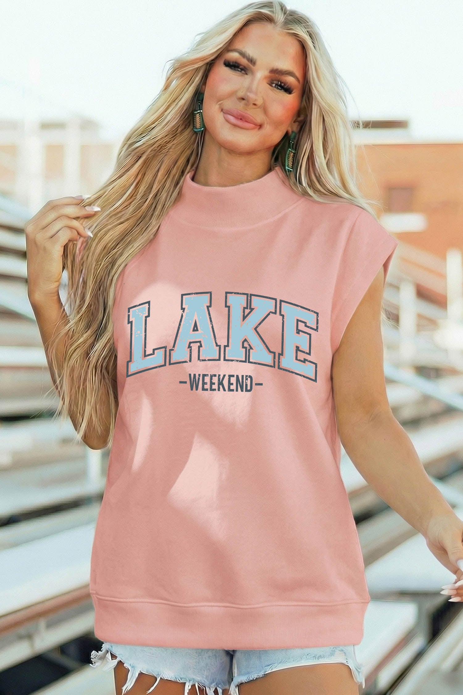 Pink Lake Weekend Graphic High Neck Short Sleeve Top