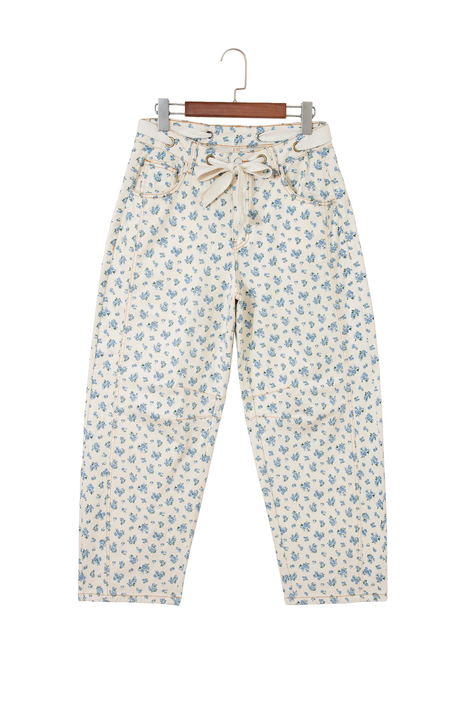 Beige Grommet Knot Waist Floral Barrel Leg Jeans