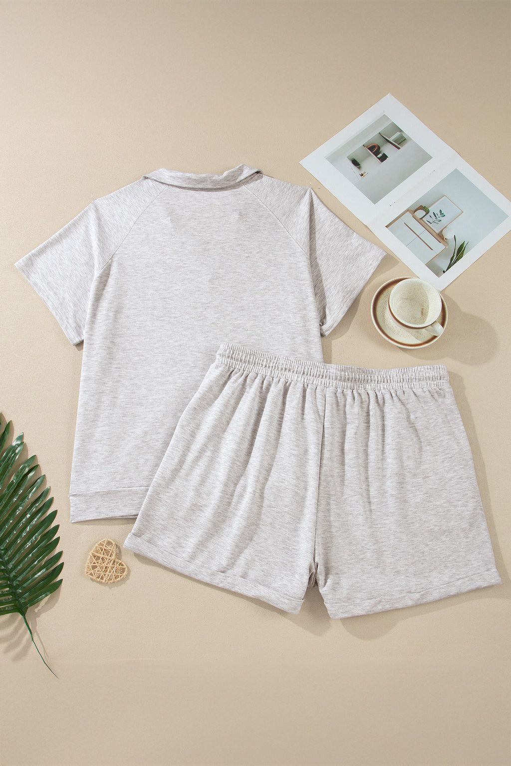 Light Grey Plus Size Solid V-Neck Short Sleeve Elastic Waist Two-Piece Set