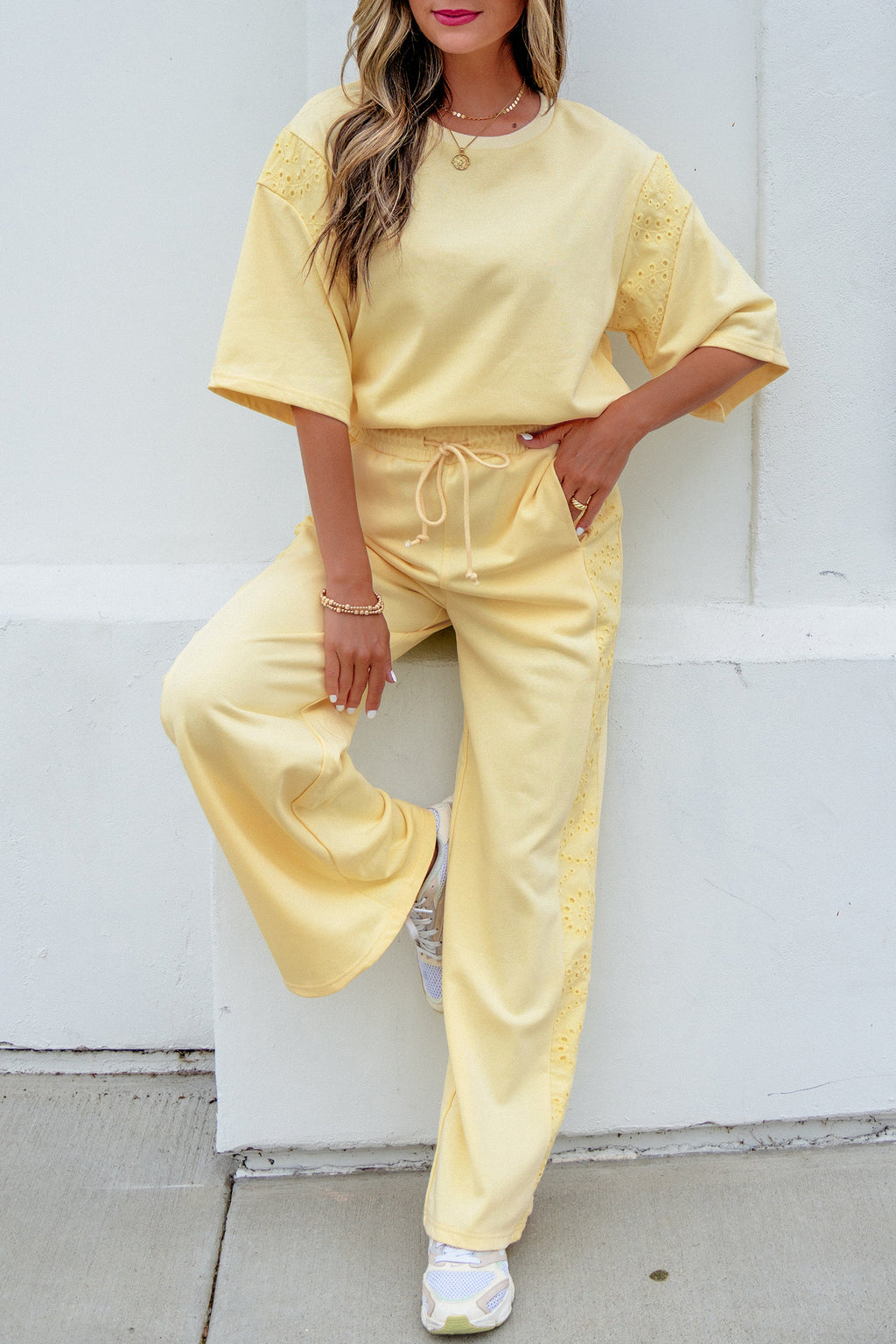 Yellow Cream Lace Patchwork Half Sleeve Top Elastic Waist Pants Two Piece Set