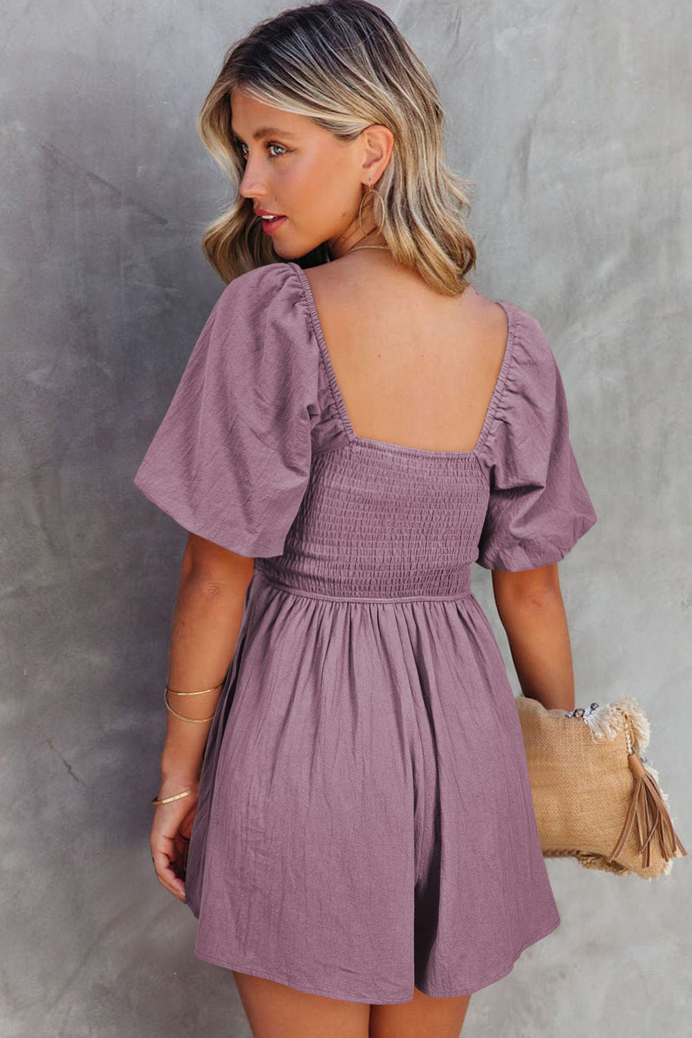 Jungle Green Square Neck Ruched Puff Sleeve Romper