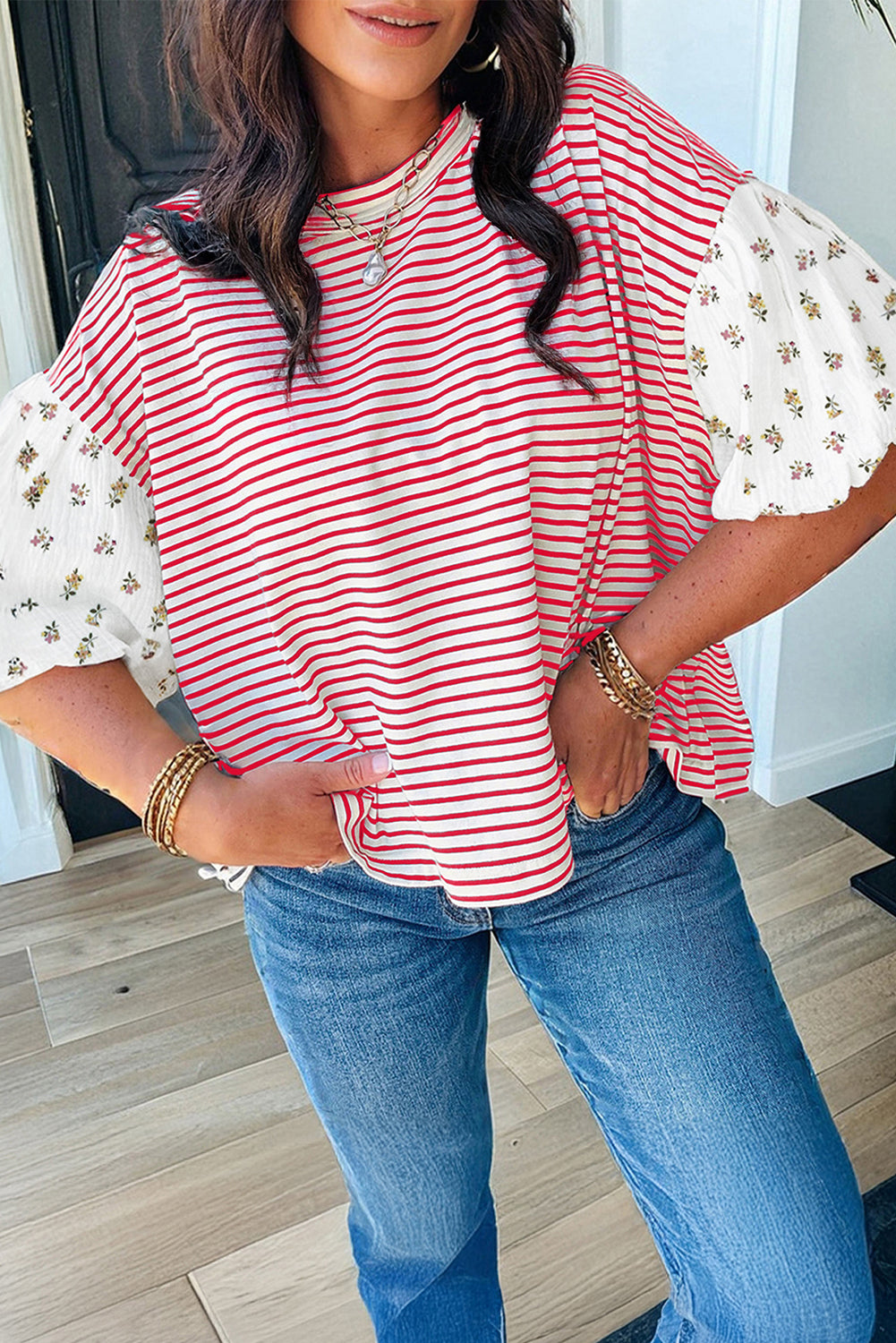 Green Stripe Floral Puff Sleeve Patchwork Round Neck Loose Top