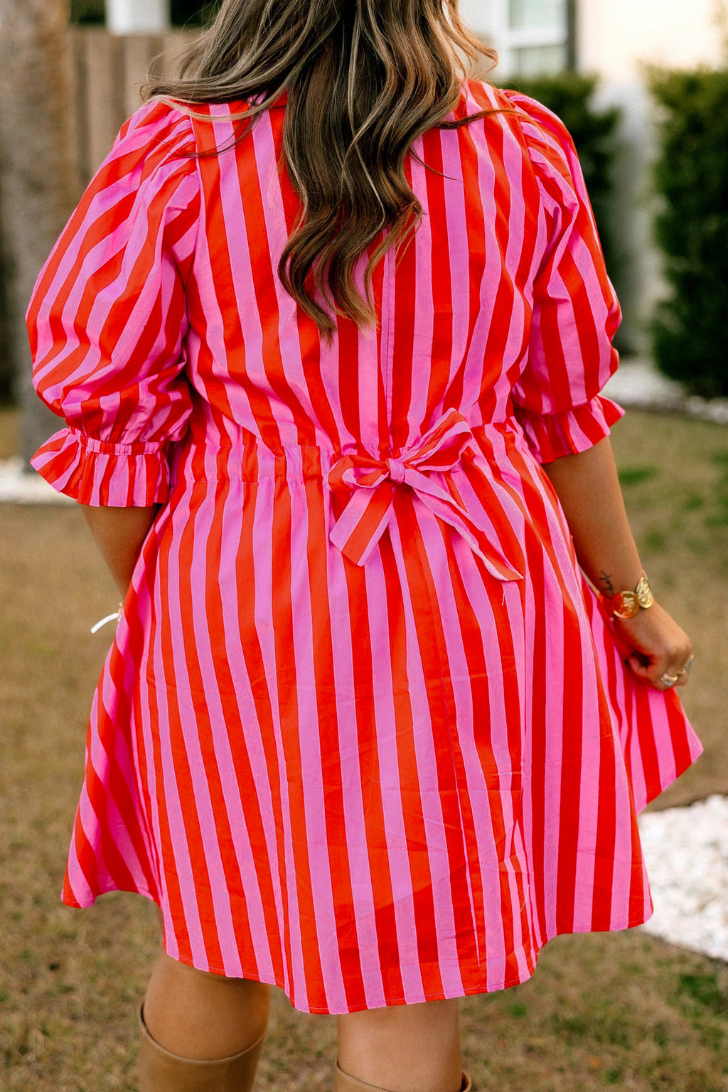 Rose Stripe Frilled Collar Button Neck Short Sleeve Curvy Mini Dress
