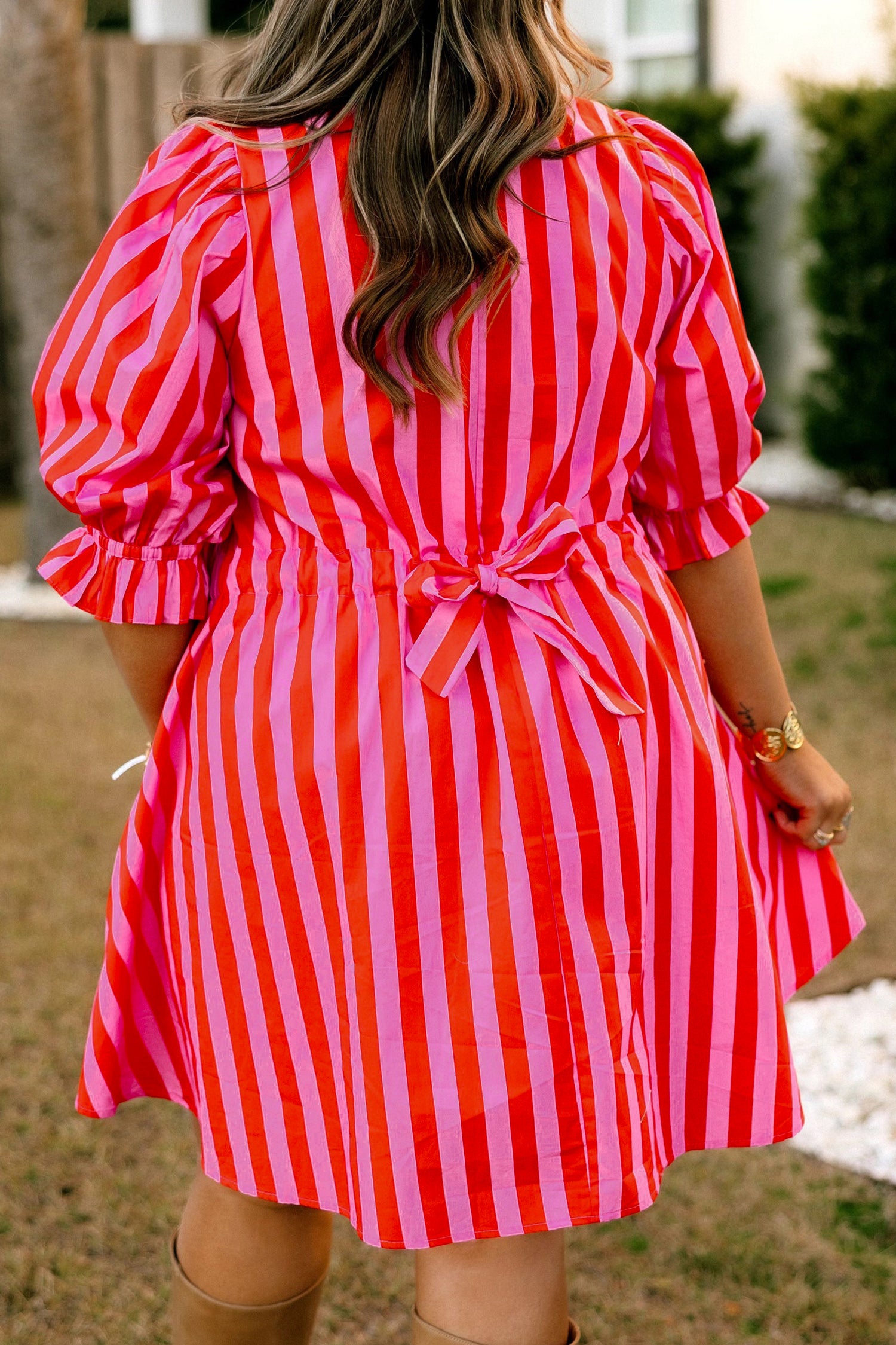 Rose Stripe Frilled Collar Button Neck Short Sleeve Curvy Mini Dress