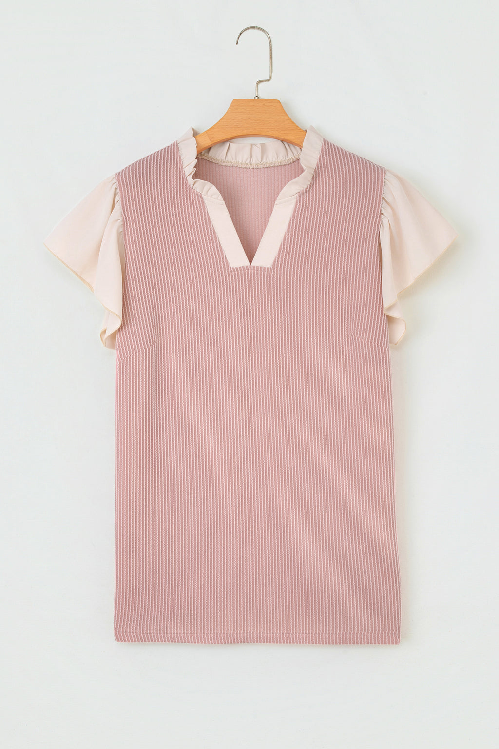 Rose Pink Plus Size Contrast Frilled Neckline Ruffled Short Sleeve Ribbed Textured Blouse