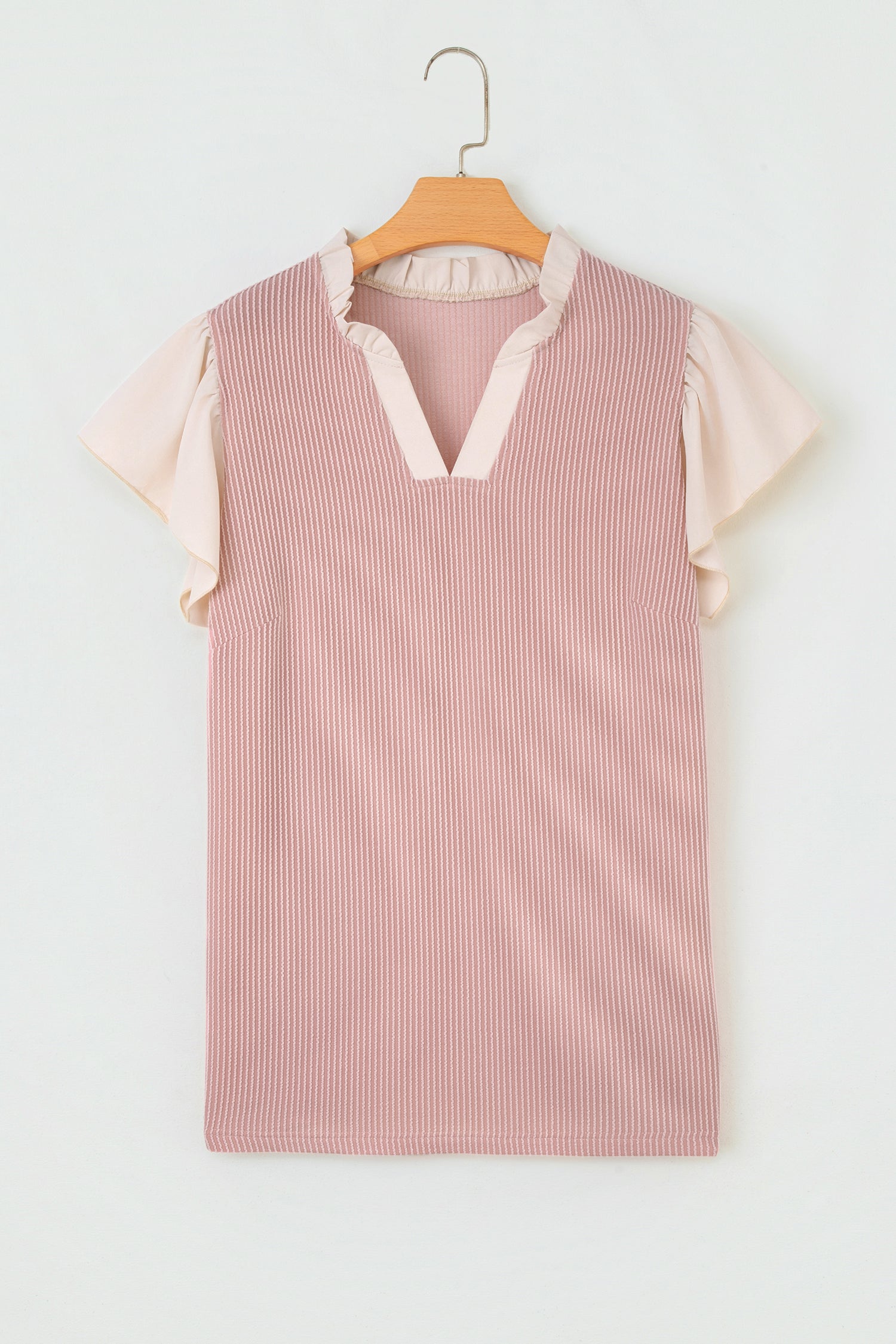 Rose Pink Plus Size Contrast Frilled Neckline Ruffled Short Sleeve Ribbed Textured Blouse