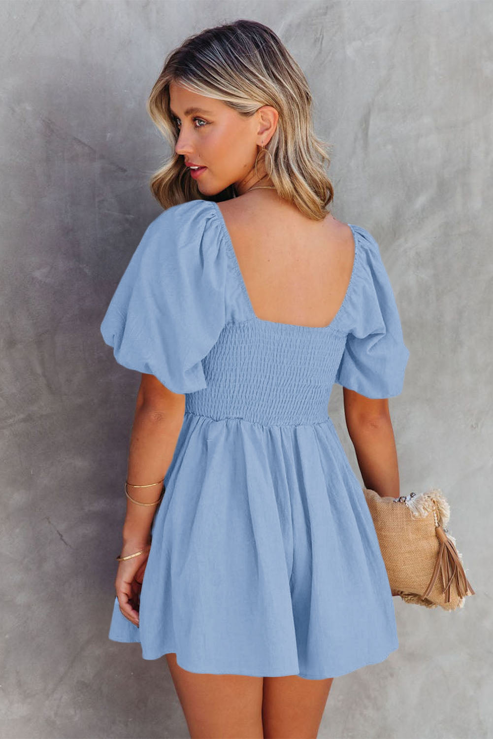 Jungle Green Square Neck Ruched Puff Sleeve Romper