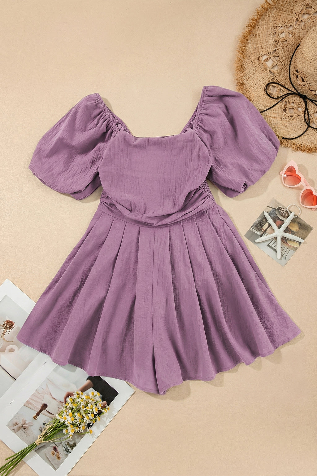 Jungle Green Square Neck Ruched Puff Sleeve Romper