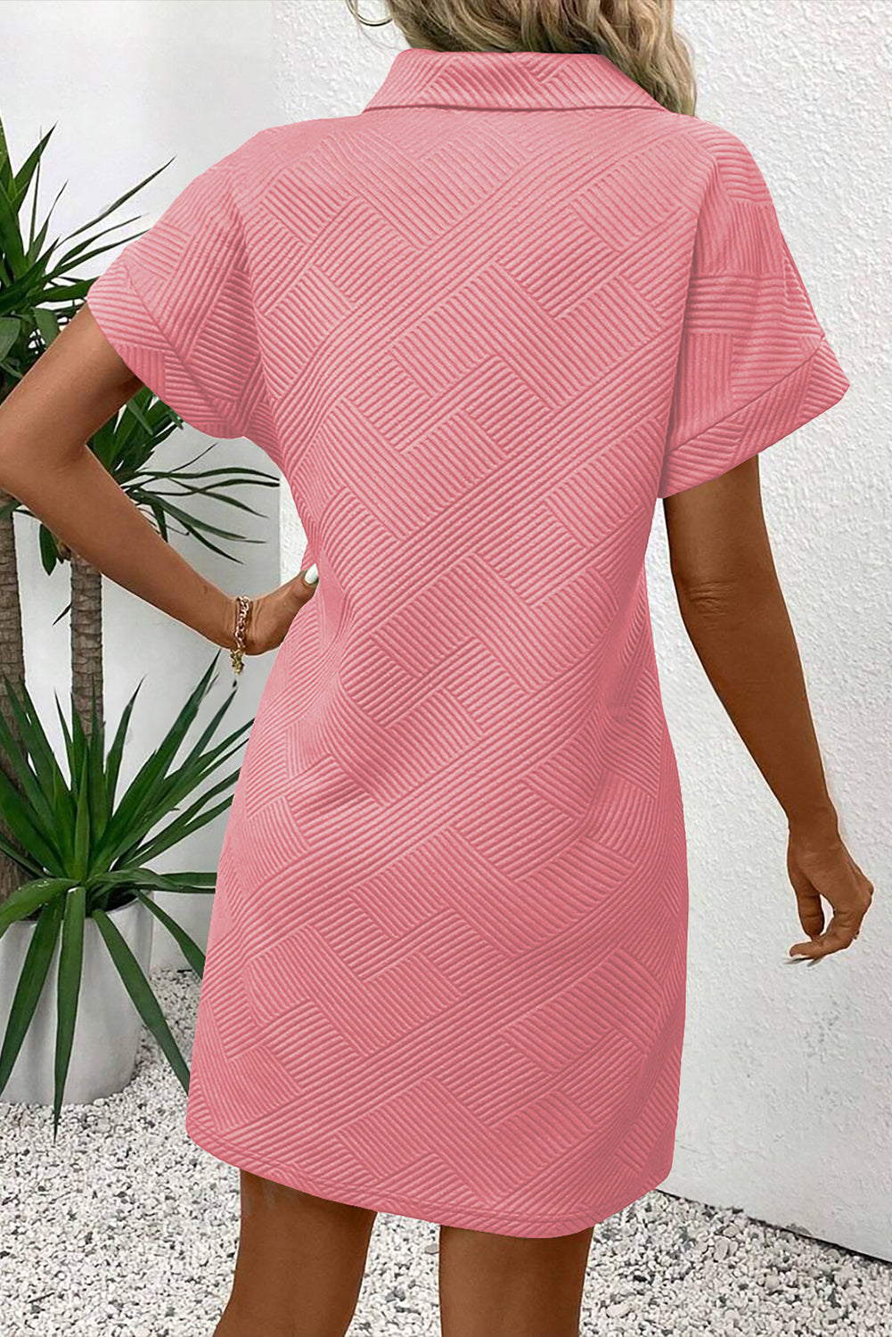 Sky Blue Solid Color Textured Short Sleeve A Line Mini Dress