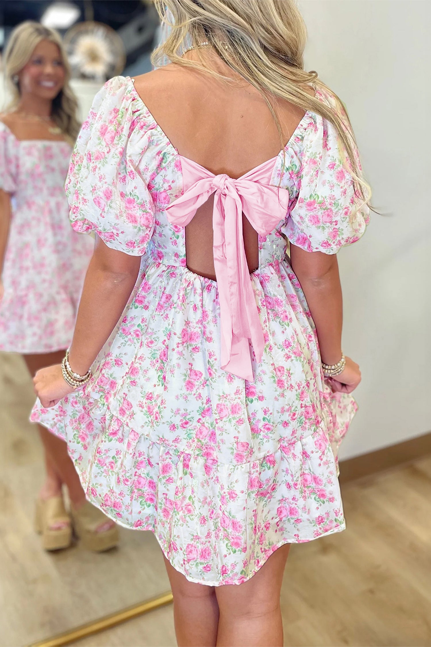 Pink Floral Print Square Neck Ribbon Knot Back Cute Mini Dress