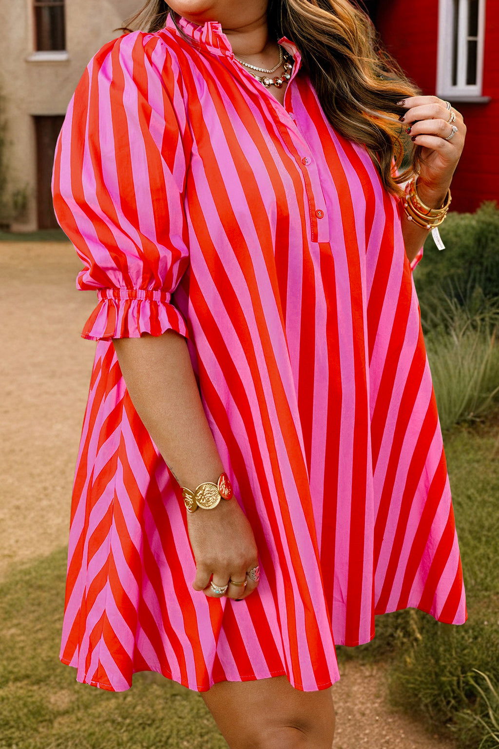 Rose Stripe Frilled Collar Button Neck Short Sleeve Curvy Mini Dress
