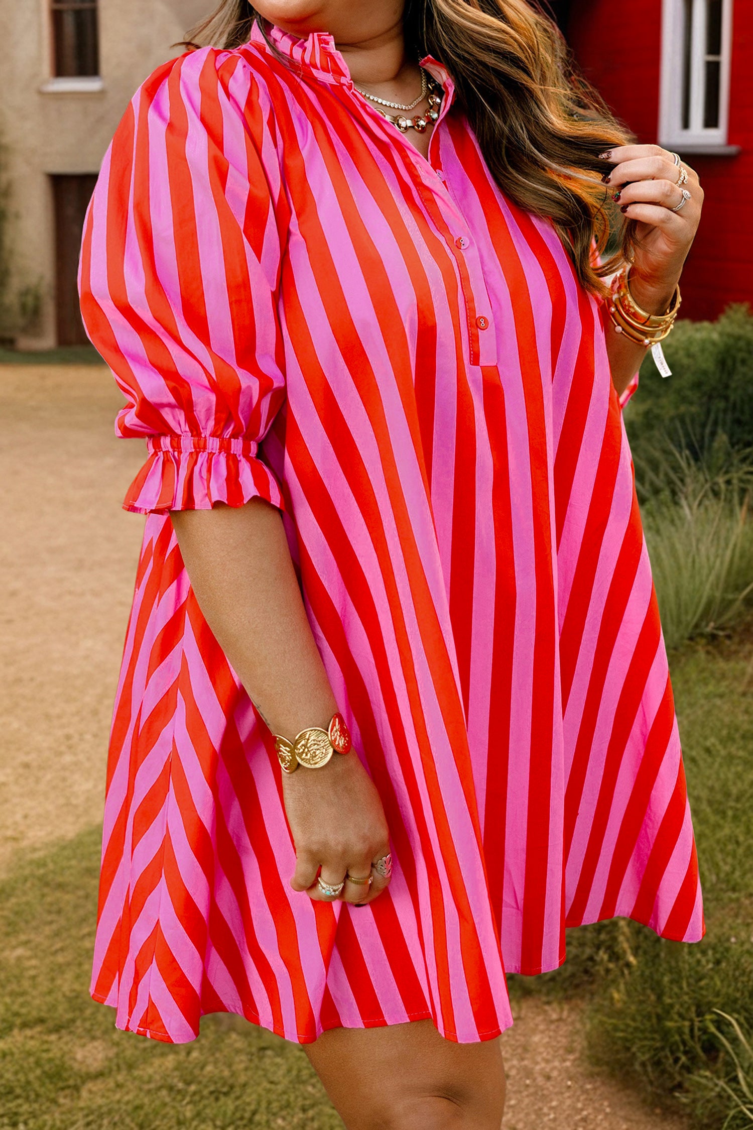 Rose Stripe Frilled Collar Button Neck Short Sleeve Curvy Mini Dress
