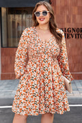 Beige Plus Size Floral Print V Neck Long Sleeve Babydoll Short Dress