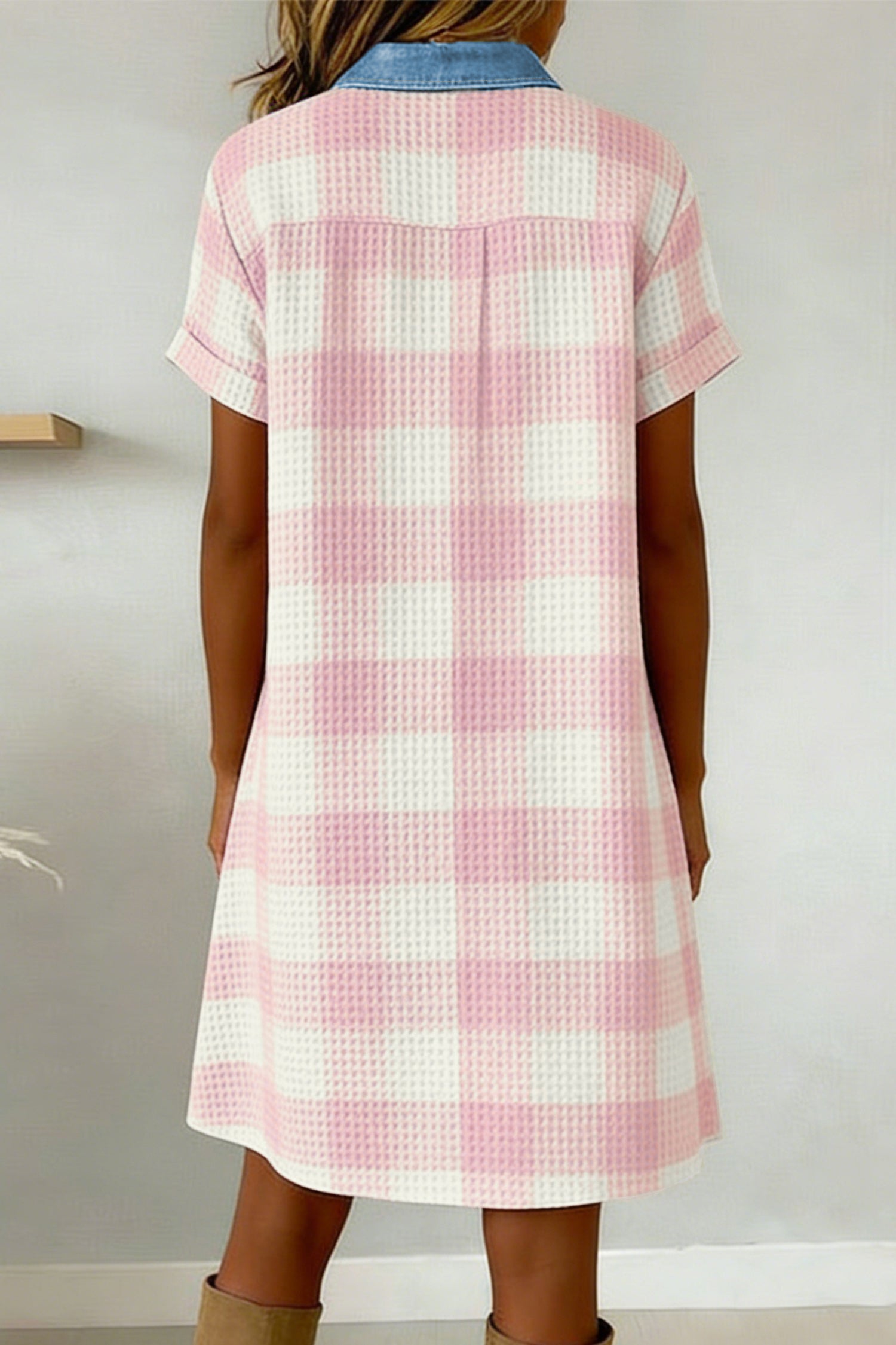 Pink Waffle Plaid Print Contrast Denim Shirt Collar Buttoned T Shirt Mini Dress