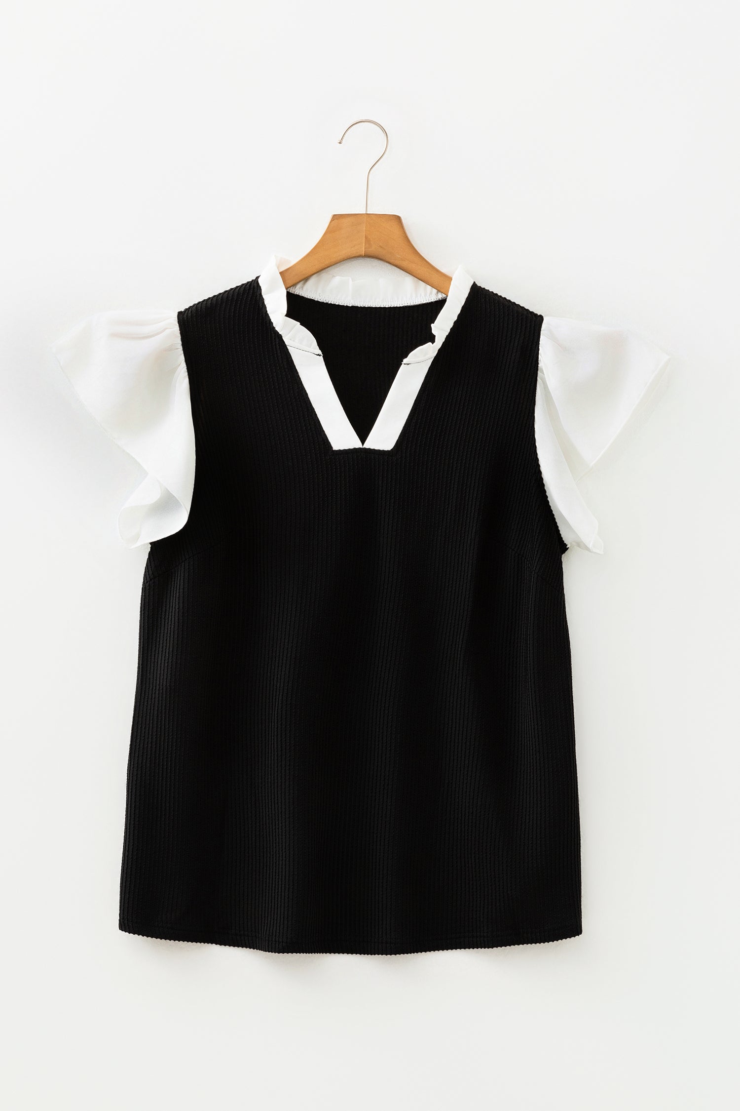 Rose Pink Plus Size Contrast Frilled Neckline Ruffled Short Sleeve Ribbed Textured Blouse