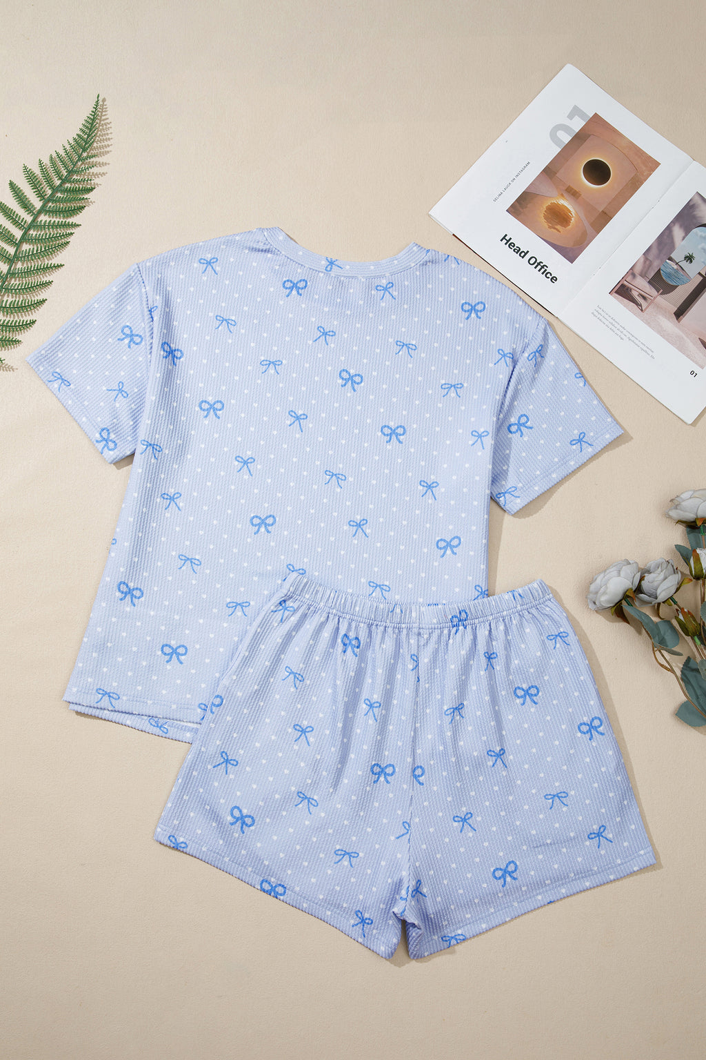 Sky Blue Tiny Heart Bow Print Twisted Rib Loose 2pcs Short Set