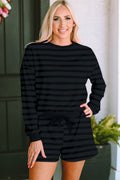 Gray Printed Stripe Long Sleeve Satin Tie Shorts Two Piece Set