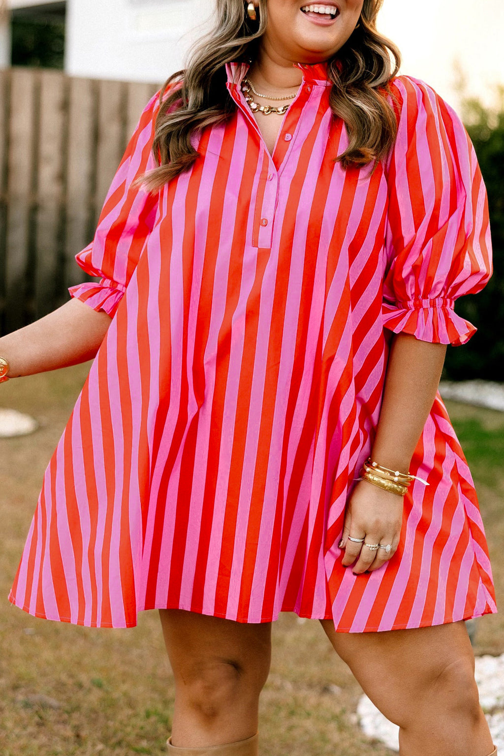 Rose Stripe Frilled Collar Button Neck Short Sleeve Curvy Mini Dress
