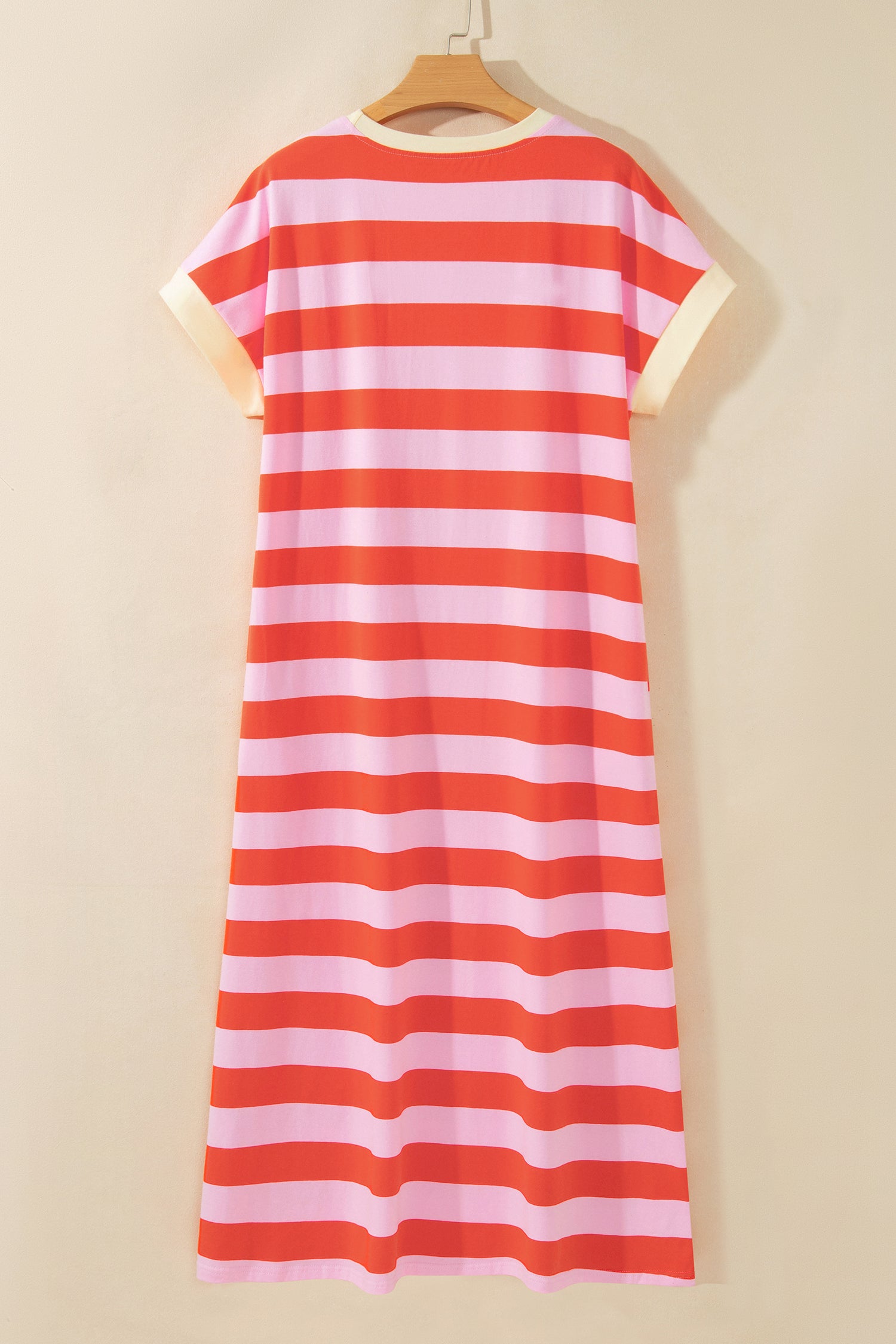 Rose Stripe Cuffed Short Sleeve Pocketed Casual T Shirt Long Dress