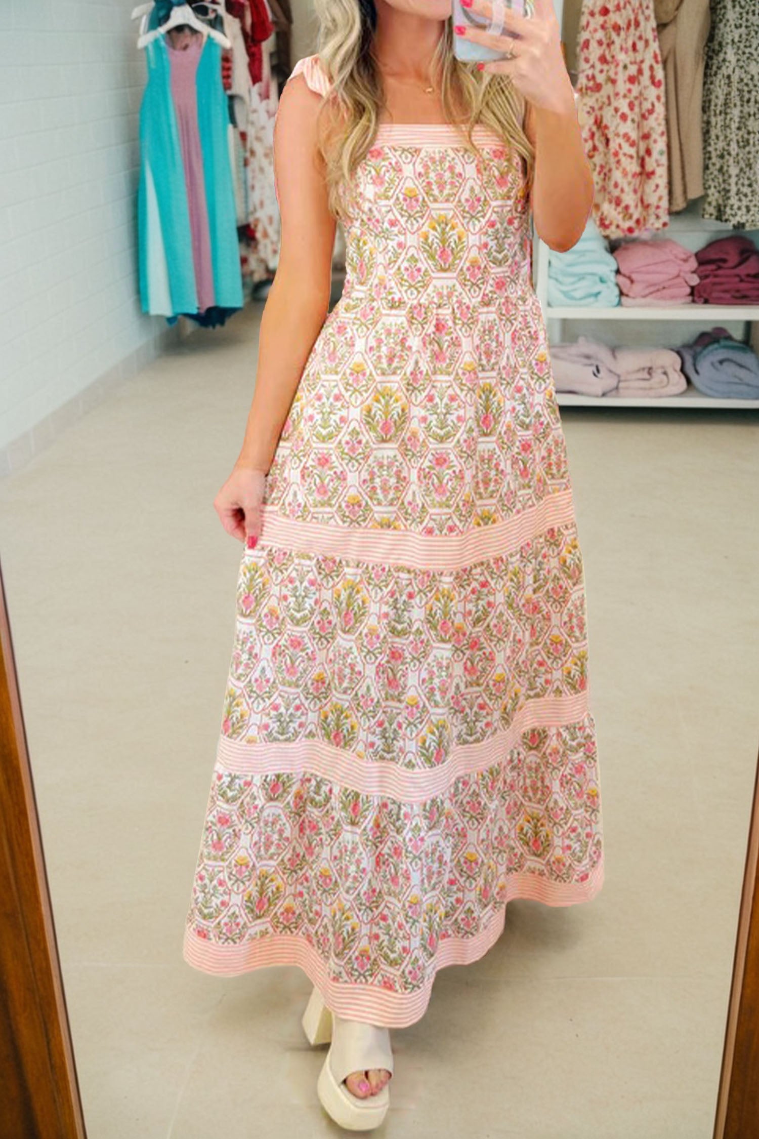 Green Geometric Floral Print Striped Patchwork Detail Sleeveless Dress（Runs Small ）