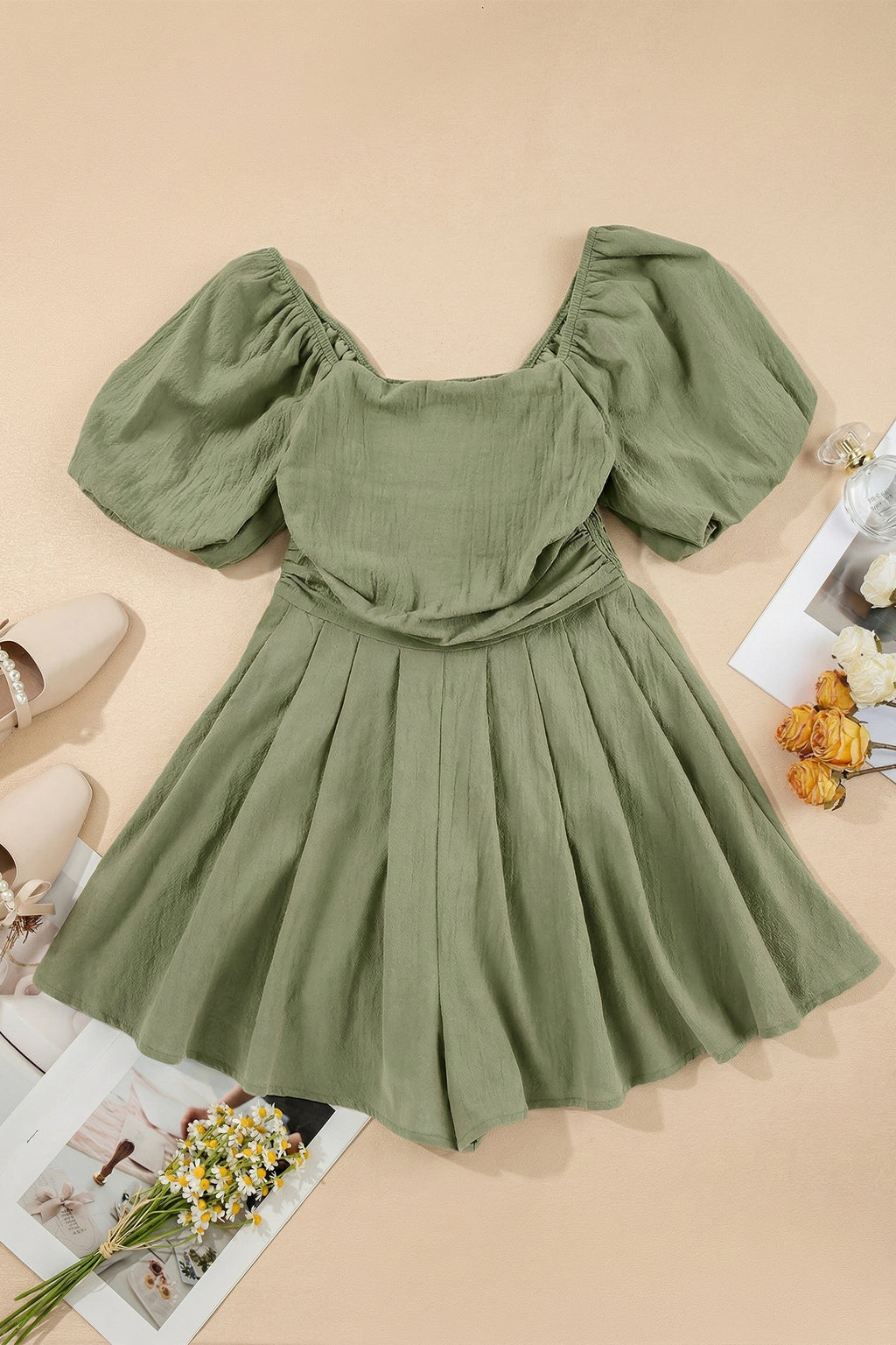 Jungle Green Square Neck Ruched Puff Sleeve Romper