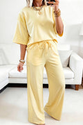 Yellow Cream Lace Patchwork Half Sleeve Top Elastic Waist Pants Two Piece Set