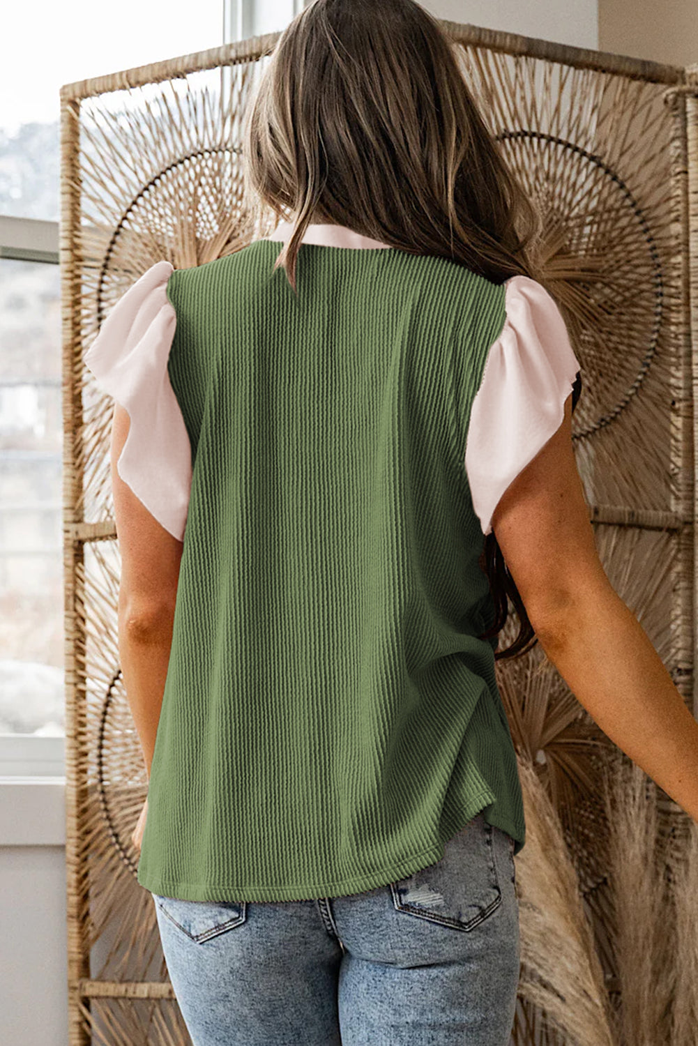 Rose Pink Plus Size Contrast Frilled Neckline Ruffled Short Sleeve Ribbed Textured Blouse
