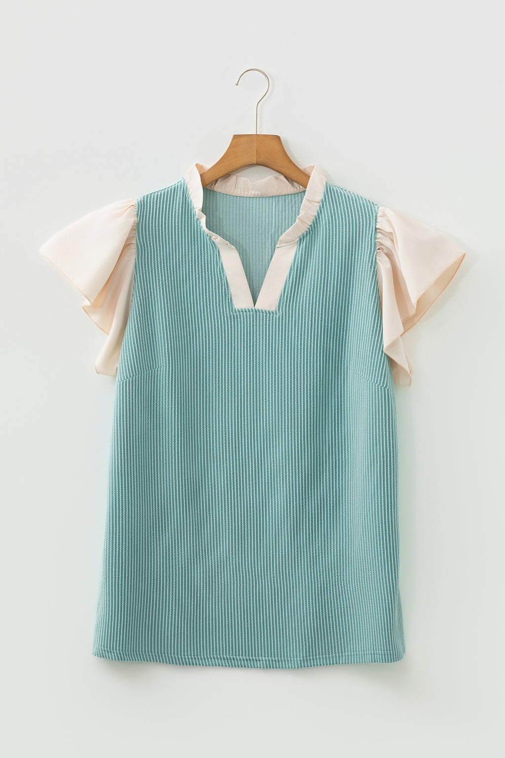 Rose Pink Plus Size Contrast Frilled Neckline Ruffled Short Sleeve Ribbed Textured Blouse