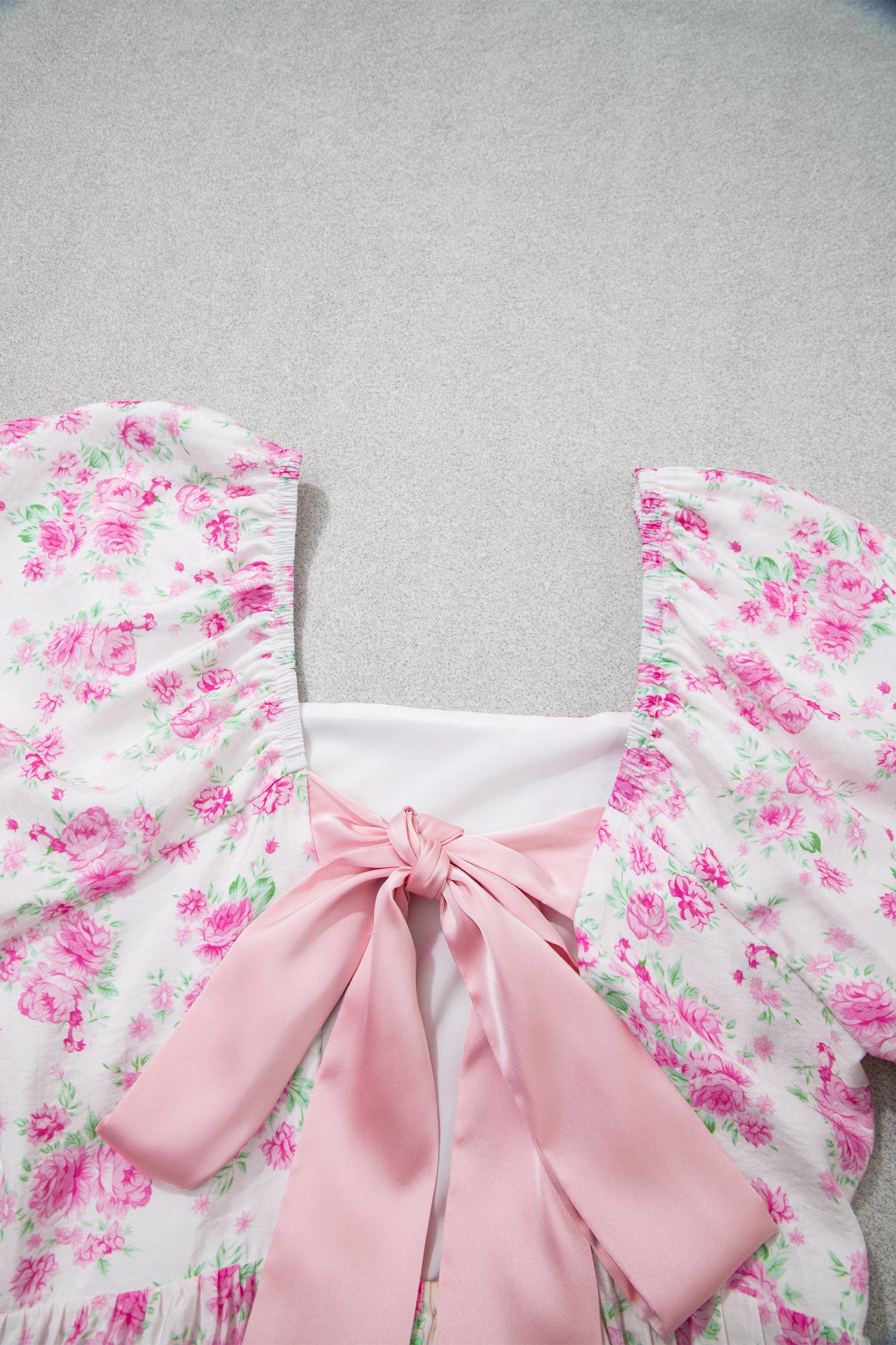 Pink Floral Print Square Neck Ribbon Knot Back Cute Mini Dress